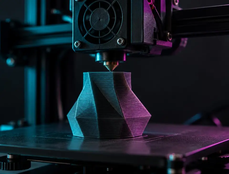 A 3D printer nozzle printing a geometric part layer by layer